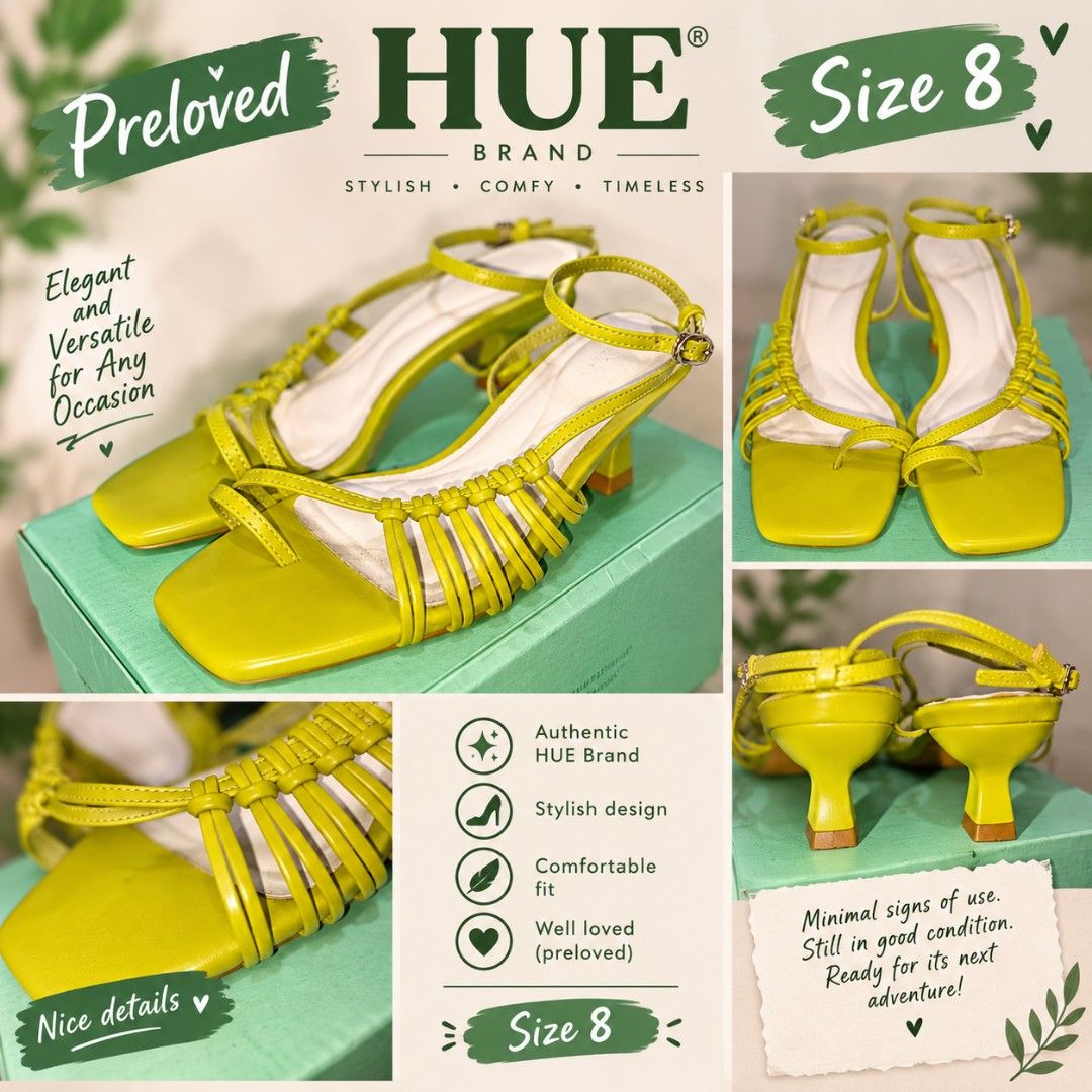 HUE Brand Lime Green Strap Heels Size 8 (Category: Heels) located in Taguig. Submitted by rrdurant (Listing ID 1471268060, Image 1). Description: - Brand: HUE - Color: Bright lime green - Size: US 8 - Style: Strappy with toe loop and ankle buckle closure - Heel: Chunky low heel - Condition: Minor wear on soles, clean uppers and insoles - Inclusions: Original box included.