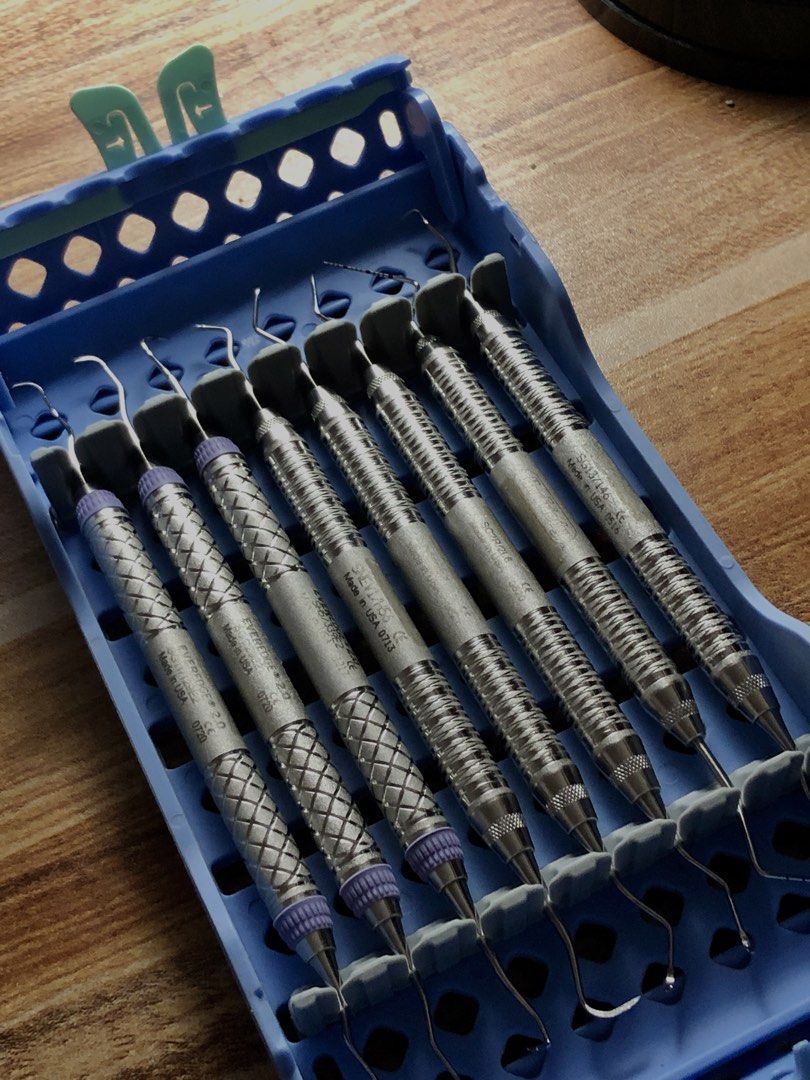 Hu-Friedy Perio Set w/ FREE CASE (Category: Medical Supplies & Tools) located in Cebu City. Submitted by Heysuhl (Listing ID 1471151626, Image 1). Description: - Authentic Hu-Friedy dental instruments made in the USA - Set of 8 pieces including EverEdge 2.0 scalers and curettes - Comes with a blue sterilization cassette rack for easy organization - Features metal handles with textured grip patterns for better control - Ideal for various periodont