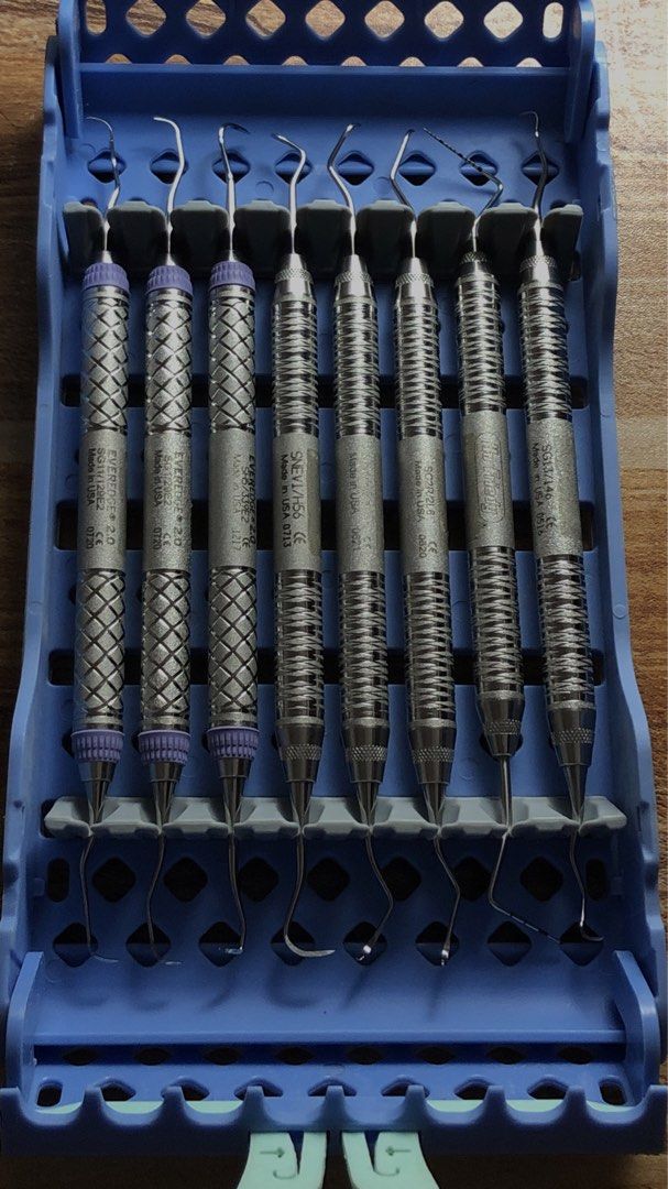 Hu-Friedy Perio Set w/ FREE CASE (Category: Medical Supplies & Tools) located in Cebu City. Submitted by Heysuhl (Listing ID 1471151626, Image 2). Description: - Authentic Hu-Friedy dental instruments made in the USA - Set of 8 pieces including EverEdge 2.0 scalers and curettes - Comes with a blue sterilization cassette rack for easy organization - Features metal handles with textured grip patterns for better control - Ideal for various periodont