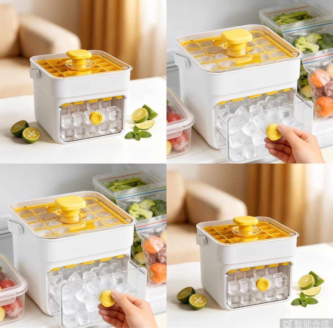 Ice Cube Maker Box with Pull-out Drawer and Lid (Category: Food Organization & Storage) located in Quezon City. Submitted by avc521 (Listing ID 1471202074, Image 1). Description: - Color: Stylish white body with bright yellow accents - Design: Top freezing tray with a push-button mechanism to drop ice instantly - Storage: Clear pull-out drawer at the bottom for easy ice cube access - Space-saving: Compact shape designed to fit nicely on any fridg
