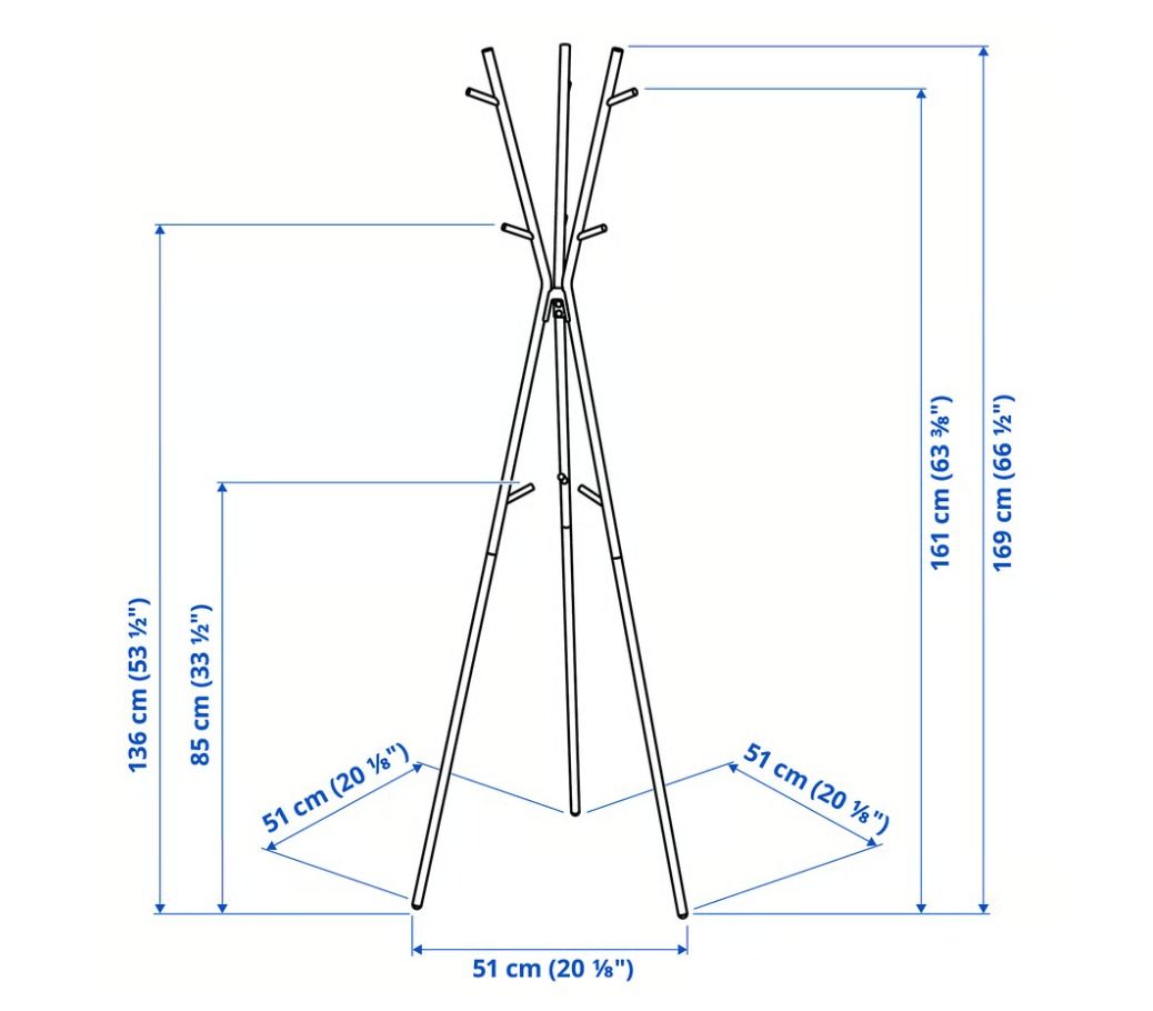 IKEA EKRAR hat and coat stand (Category: Shelves, Cabinets & Racks) located in Quezon City. Submitted by bananabreadish (Listing ID 1471238642, Image 2). Description: - Color & Material: Clean white metal finish - Space-Saving: Slim tripod base fits easily into room corners - Versatile Storage: Multiple hooks at various heights for coats, hats, bags, and scarves - Dimensions: Stands at 169 cm tall - Year bought: 2023/2026 at Php 1,990 RFS: Moving