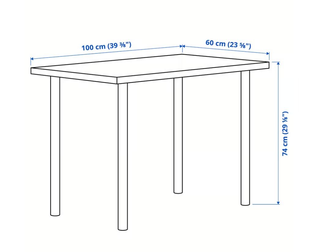 IKEA LINNMON / ADILS White Table (Category: Tables & Sets) located in Quezon City. Submitted by bananabreadish (Listing ID 1471235748, Image 2). Description: - Brand/Model: IKEA white study desk - Dimensions: 100cm (L) x 60cm (W) x 74cm (H) - Design: Clean minimalist style with sturdy round metal legs and solid white tabletop - Ideal for: Small bedrooms, home offices, or study corners - Convenience: Easy to dismantle and transport - Year bought: 