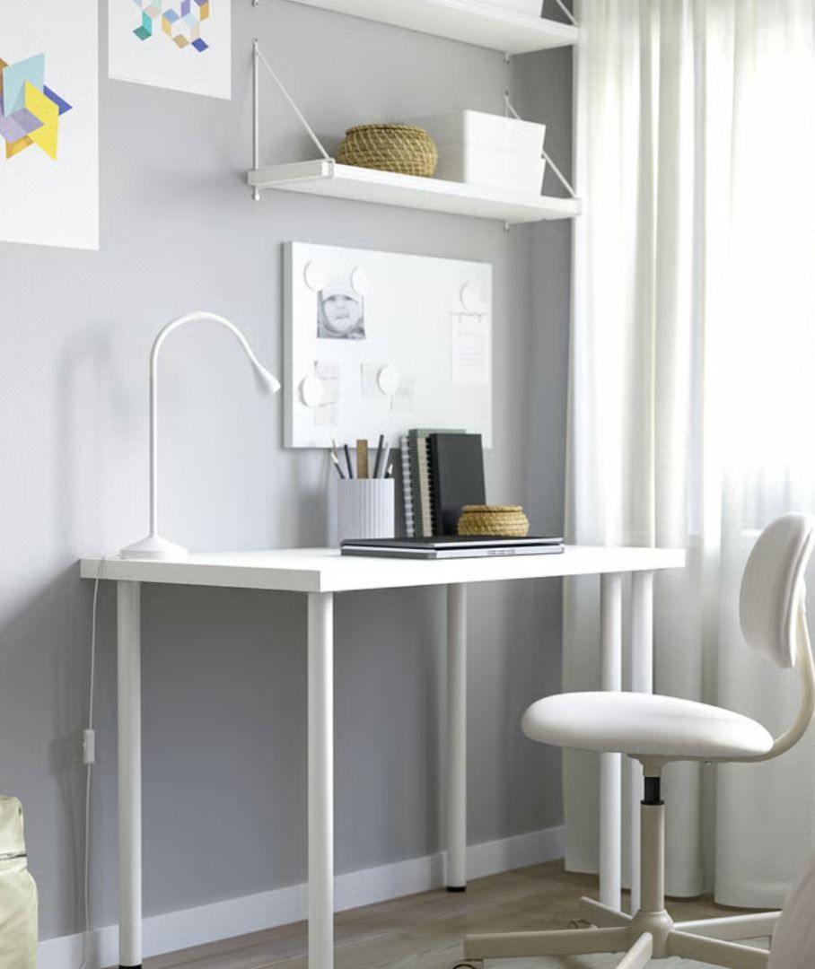IKEA LINNMON / ADILS White Table (Category: Tables & Sets) located in Quezon City. Submitted by bananabreadish (Listing ID 1471235748, Image 3). Description: - Brand/Model: IKEA white study desk - Dimensions: 100cm (L) x 60cm (W) x 74cm (H) - Design: Clean minimalist style with sturdy round metal legs and solid white tabletop - Ideal for: Small bedrooms, home offices, or study corners - Convenience: Easy to dismantle and transport - Year bought: 