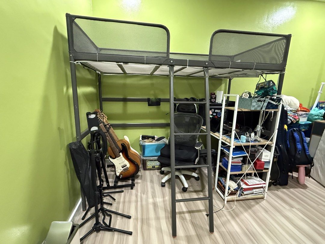 IKEA TUFFING Loft Bed 90x200cm Grey Metal Frame (Category: Bed Frames & Mattresses) located in Quezon City. Submitted by thepinkclosett (Listing ID 1471191428, Image 1). Description: - Item: IKEA TUFFING Loft Bed - Color: Dark grey - Size: 90x200 cm (fits standard single mattress) - Material: Sturdy metal frame with mesh safety rails and included ladder - Bed frame ONLY - Condition: Great space-saver, leaves ample room underneath for a desk or lo
