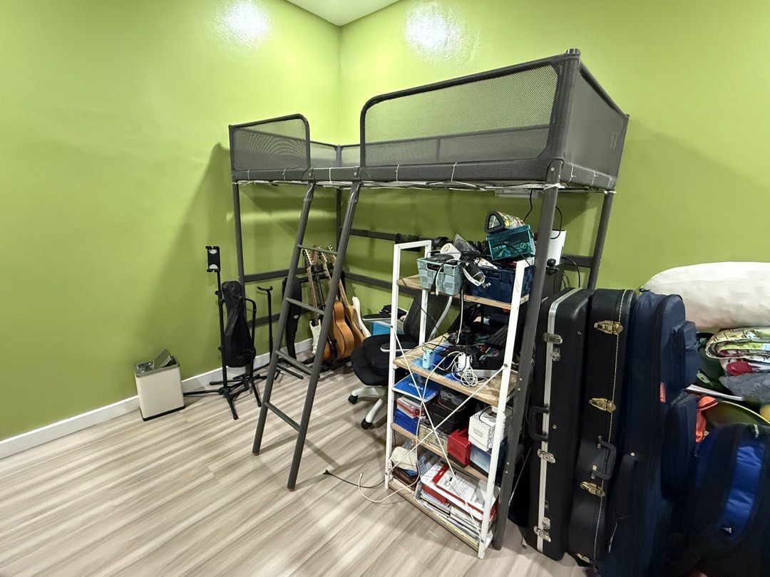 IKEA TUFFING Loft Bed 90x200cm Grey Metal Frame (Category: Bed Frames & Mattresses) located in Quezon City. Submitted by thepinkclosett (Listing ID 1471191428, Image 2). Description: - Item: IKEA TUFFING Loft Bed - Color: Dark grey - Size: 90x200 cm (fits standard single mattress) - Material: Sturdy metal frame with mesh safety rails and included ladder - Bed frame ONLY - Condition: Great space-saver, leaves ample room underneath for a desk or lo