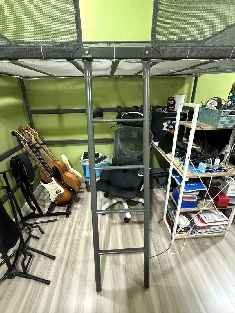 IKEA TUFFING Loft Bed 90x200cm Grey Metal Frame (Category: Bed Frames & Mattresses) located in Quezon City. Submitted by thepinkclosett (Listing ID 1471191428, Image 3). Description: - Item: IKEA TUFFING Loft Bed - Color: Dark grey - Size: 90x200 cm (fits standard single mattress) - Material: Sturdy metal frame with mesh safety rails and included ladder - Bed frame ONLY - Condition: Great space-saver, leaves ample room underneath for a desk or lo