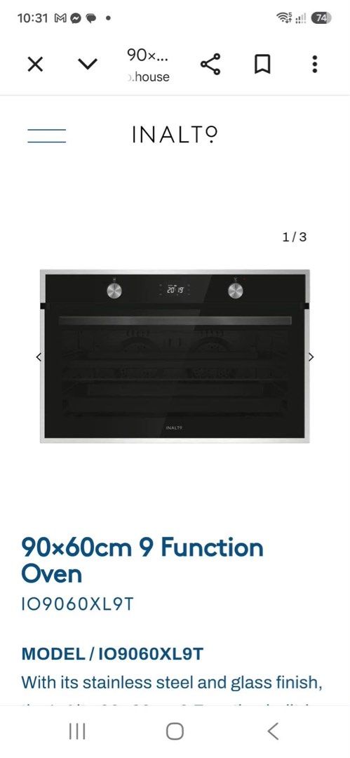Inalto 90X60cm 9 function built in Electric Oven (Category: Ovens & Toasters) located in Rizal. Submitted by mikz_1303 (Listing ID 1471221176, Image 1). Description: Inalto 90X60cm 9 function built in Electric Oven FEATURES 129L capacity Push pull knobs Programmable LED timer Cavity cooling system Triple-glazed removable door Black glass door with s/steel trim Stainless steel side racks Touch control LED timer Made in Europe .