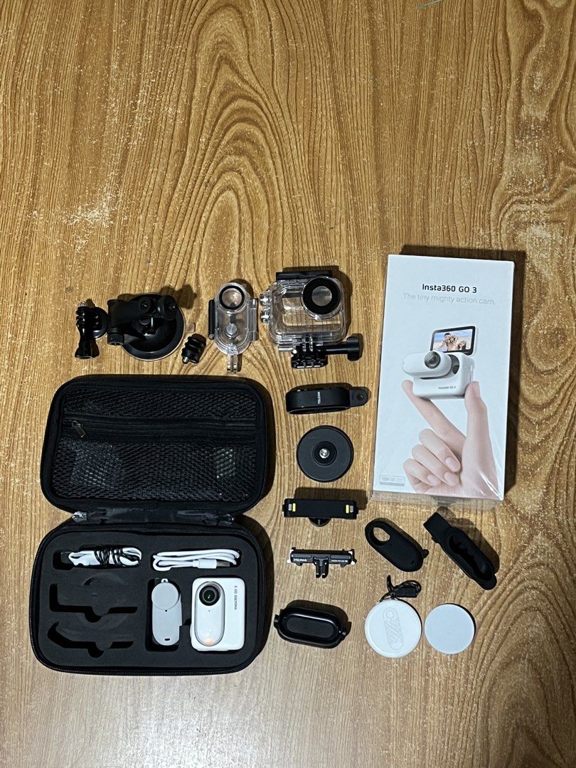 Insta360 GO 3 Action Camera Bundle with Accessories and Case (Category: Video Cameras) located in Manila. Submitted by smileyyyy077826 (Listing ID 1471122785, Image 2). Description: Insta360 Go 3 128gb -Original box and manual -Tempered glass installed -Unit and accessory bag -Pivot stand -Easy Clip -Magnet Pendant -Waterproof dive case for action pod and camera (both unused) -Aftermarket magnetic mount (Hepail) -Plastic frame mount (Telesin) Uni