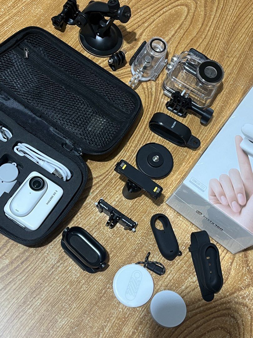 Insta360 GO 3 Action Camera Bundle with Accessories and Case (Category: Video Cameras) located in Manila. Submitted by smileyyyy077826 (Listing ID 1471122785, Image 3). Description: Insta360 Go 3 128gb -Original box and manual -Tempered glass installed -Unit and accessory bag -Pivot stand -Easy Clip -Magnet Pendant -Waterproof dive case for action pod and camera (both unused) -Aftermarket magnetic mount (Hepail) -Plastic frame mount (Telesin) Uni