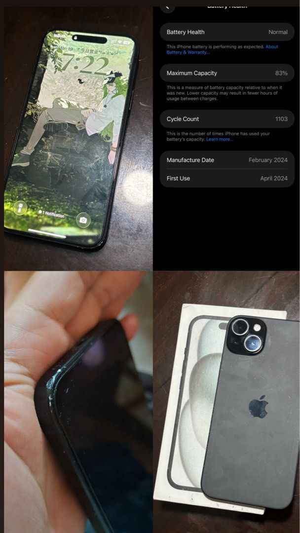 IPHONE 15 PLUS 256Gb (Category: iPhone 15 Series) located in Jaen. Submitted by kassyuu (Listing ID 1471161174, Image 1). Description: Slight scratch on screen and dent sa baba no esim.