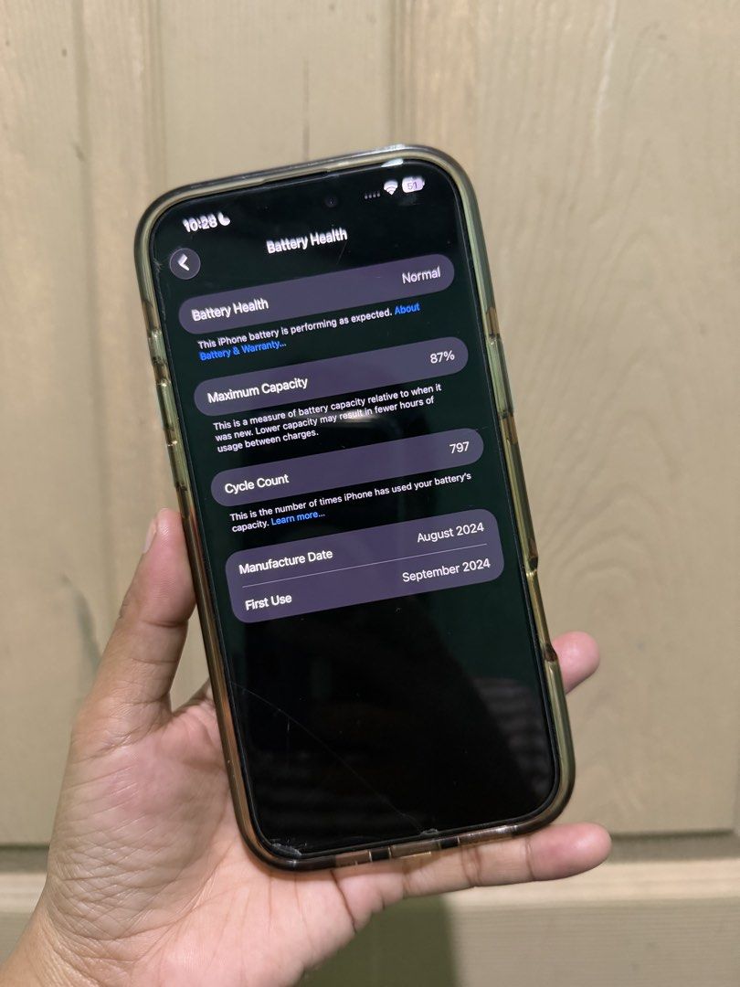 Iphone 16 Pro Max 256GB FU (Category: iPhone 16 Series) located in Santa Rosa. Submitted by superabby1993 (Listing ID 1471150810, Image 3). Description: - Model: iPhone 16 Pro Max - Storage: 256GB - Status: Factory Unlocked (FU) - Battery Health: 87% (Cycle Count: 797) - Condition: Well-maintained, comes with original box - Meet-up Location: Sta. Rosa de Lima Parish, Sta. Rosa, Laguna.