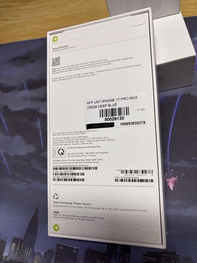iPhone 17 Pro Max 256GB Deep Blue Bundle (Category: iPhone 17 Series) located in Pasig City. Submitted by eve.khalid (Listing ID 1471162301, Image 2). Description: Apple iPhone 17 Pro Max, 256GB storage, deep blue color. Sealed box. AirPods Pro 3rd generation wireless headphones included in the bundle. Also includes an Apple 20W USB-C power adapter. All items unopened in original packaging. TAKE ALL Only -All sealed Brand New -Pasig Area -Meet up