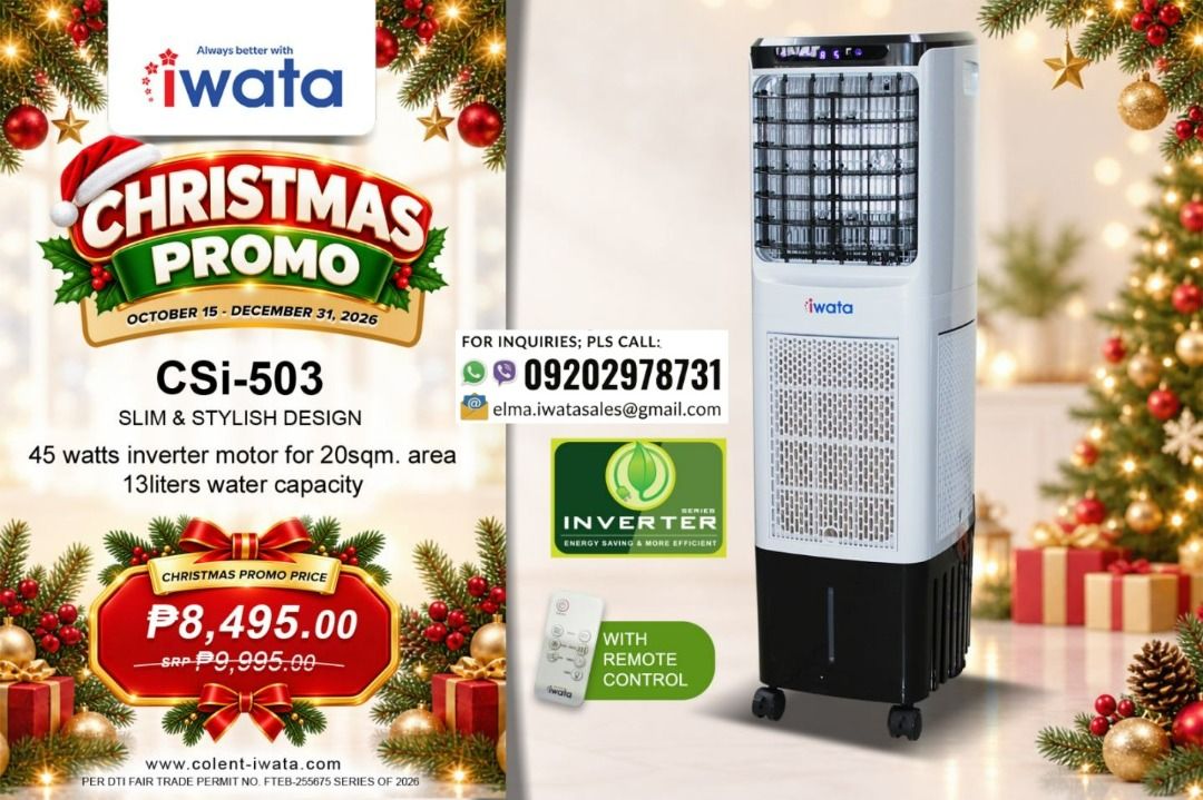 Iwata CSi-503 Inverter Air Cooler with Remote Control (Category: Air Conditioning and Heating) located in Quezon City. Submitted by iwata_sales (Listing ID 1471192814, Image 1). Description: - Model: Iwata CSi-503 Air Cooler - Slim and stylish space-saving design - Energy-saving 45W inverter motor - Coverage: Up to 20 sqm area - Water capacity: 13 Liters - Includes remote control for convenience - More efficient cooling option for rooms.