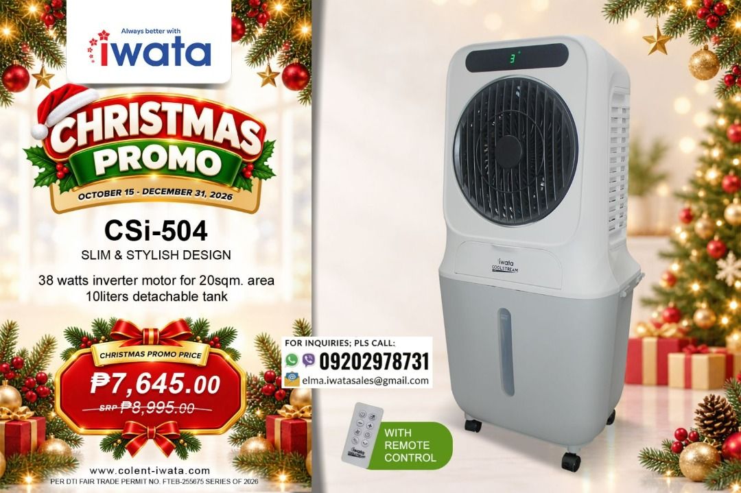 Iwata CSi-504 Air Cooler (Category: Air Conditioning and Heating) located in Quezon City. Submitted by iwata_sales (Listing ID 1471192941, Image 1). Description: - Model: Iwata CSi-504 - Design: Slim and stylish build - Coverage: Ideal for up to 20sqm spaces - Motor: Energy-efficient 38W inverter motor - Water Tank: 10 liters capacity, detachable for easy cleaning - Control: Includes remote control for convenience - Special Promo Price: Limited-t