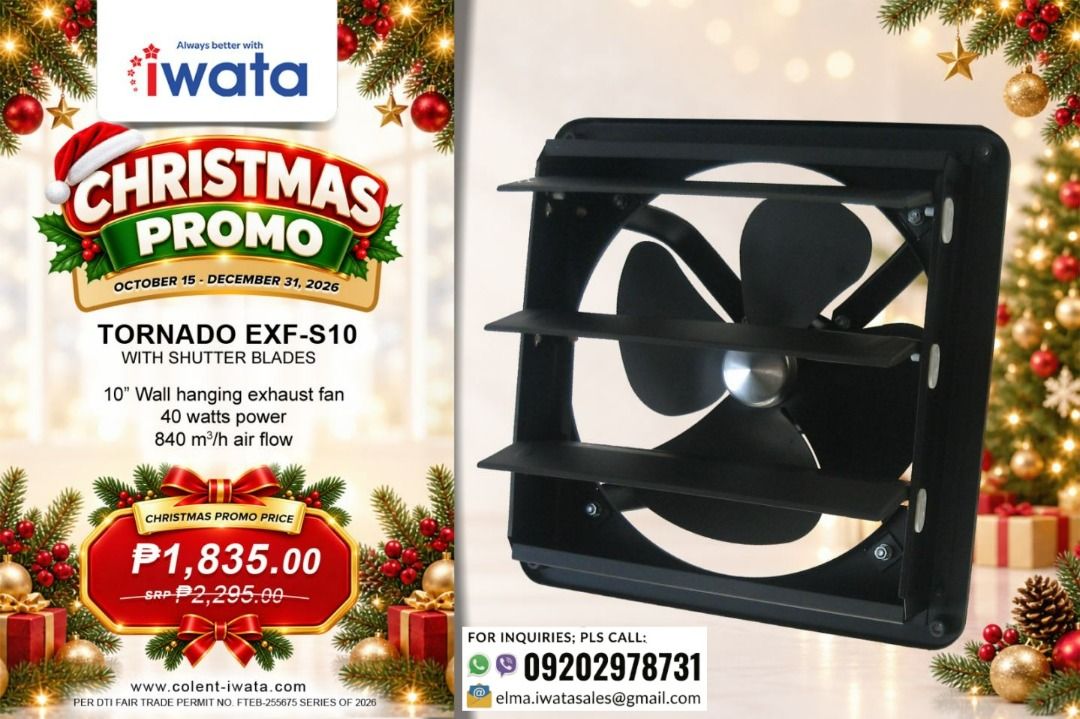 Iwata Tornado EXF-S10 Shutter Blades Exhaust Fan (Category: Fans) located in Quezon City. Submitted by iwata_sales (Listing ID 1471193285, Image 1). Description: - Model: Iwata Tornado EXF-S10 (10-inch wall hanging exhaust fan) - Color: Sleek black finish - Power: Energy-efficient 40 watts - Airflow: Powerful 840 cubic meters per hour - Features: Equipped with shutter blades - Ideal for: Standard residential or commercial spaces - Condition: Bran