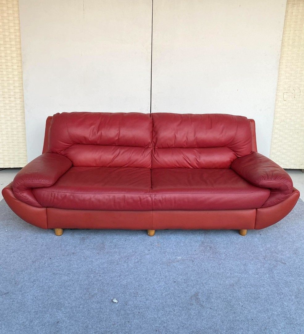 JAPAN SURPLUS" 3-SEATER RED LEATHER SOFA (Category: Sofas) located in Bulacan. Submitted by junnie09 (Listing ID 1471181572, Image 2). Description: "JAPAN SURPLUS" 3-SEATER RED LEATHER SOFA SIZE: 73L" x 34W" x 15Sh" x 28H" inches (AS-IS ITEM) IN GOOD CONDITION.