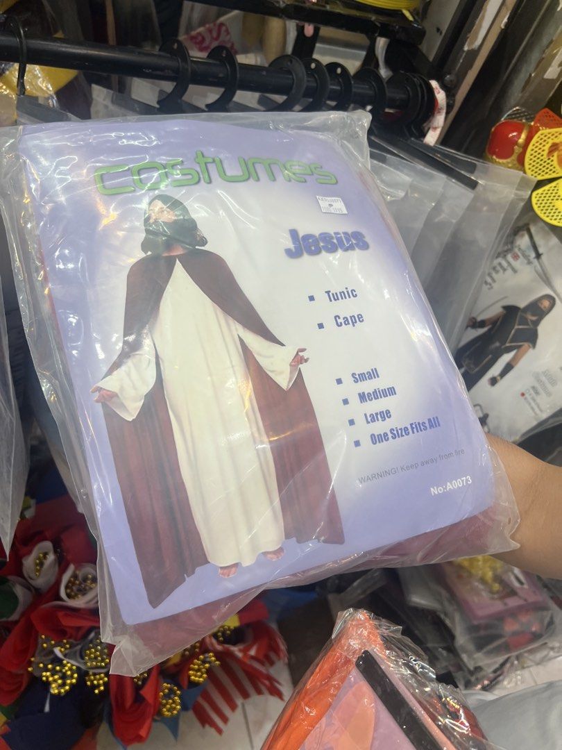 Jesus Costume Tunic and Cape + wig (Category: Sets & Coordinates) located in Manila. Submitted by pupnamedpretzel (Listing ID 1471292017, Image 2). Description: - Item: Jesus costume set (white long-sleeve tunic + draped red cape + wig) - Size: One size fits all - Condition: Worn once for a quick photo, still super clean and ready to use - Perfect for: Halloween, costume parties, and school plays Location: BGC/Pembo.