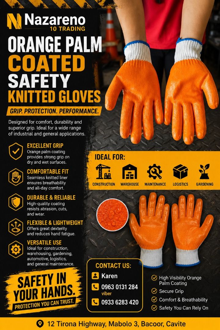 KNITTED GLOVES WORKERS GLOVES PALM COATED ORANGE (Category: Looking For) located in Bacoor. Submitted by kajezame.2021 (Listing ID 1471191130, Image 1). Description: KNITTED GLOVES WORKERS GLOVES PALM COATED ORANGE For More Details and Discount Contact Ms. Karen NAZARENO 10 TRADING 0963 0131 284 0933 6283 420 0956 7028 557 0933 8559 510 Landline: Look for Ms. Karen (046 ) 416 3920 Also available: • Traffic cone • Parking Block stopper • Hooded tr