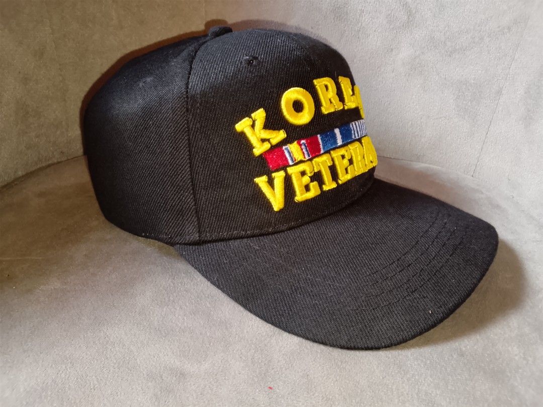 Korea Veteran Embroidered Black Baseball Cap (Category: Caps & Hats) located in Binangonan. Submitted by yuristalin888 (Listing ID 1471128580, Image 3). Description: Show honor and pride with this black Korean War Veteran baseball cap. It features bold yellow embroidered lettering for "KOREA VETERAN" across the front, framed around a multi-colored military service ribbon rack. Constructed from durable black fabric with a classic curved brim, stru