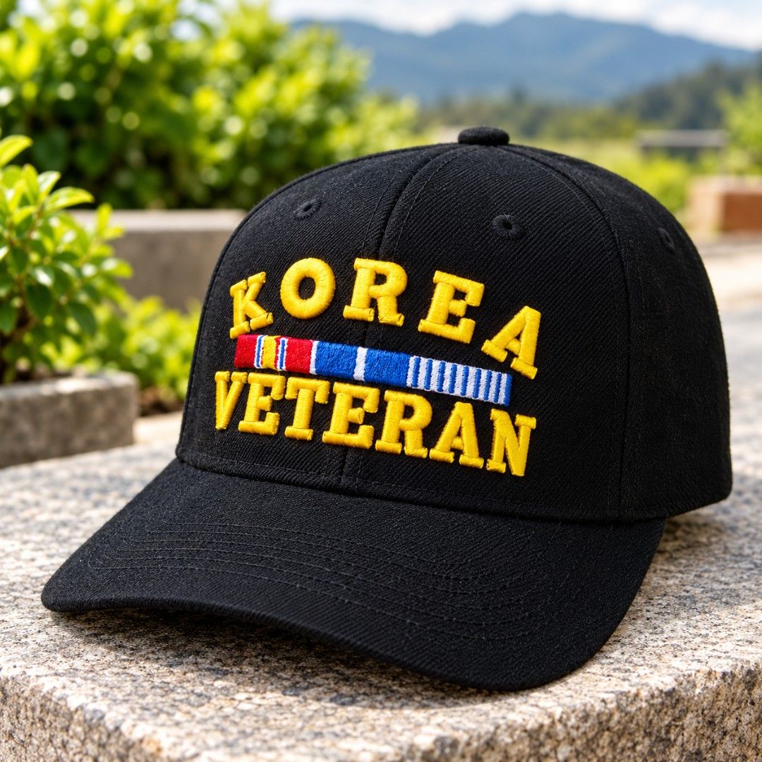 Korea Veteran Embroidered Black Baseball Cap (Category: Caps & Hats) located in Binangonan. Submitted by yuristalin888 (Listing ID 1471128580, Image 1). Description: Show honor and pride with this black Korean War Veteran baseball cap. It features bold yellow embroidered lettering for "KOREA VETERAN" across the front, framed around a multi-colored military service ribbon rack. Constructed from durable black fabric with a classic curved brim, stru