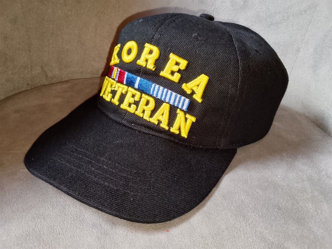 Korea Veteran Embroidered Black Baseball Cap (Category: Caps & Hats) located in Binangonan. Submitted by yuristalin888 (Listing ID 1471128580, Image 2). Description: Show honor and pride with this black Korean War Veteran baseball cap. It features bold yellow embroidered lettering for "KOREA VETERAN" across the front, framed around a multi-colored military service ribbon rack. Constructed from durable black fabric with a classic curved brim, stru