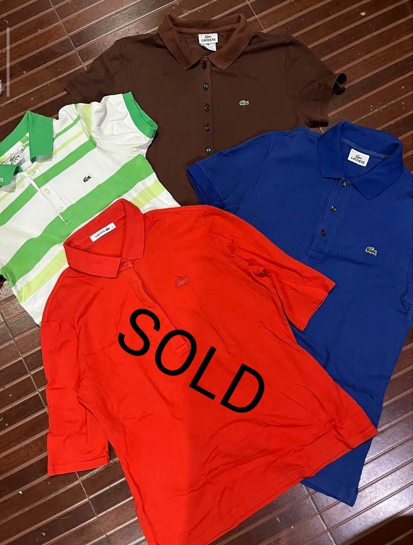 Lacoste (for womens) for take all (Category: Shirts) located in Davao. Submitted by daveespino81318 (Listing ID 1470937605, Image 1). Description: For take all womens lacoste Details: Brown - have good sunfade sa collar, w18 L24 (size Xs) Green have minimal 1 dot stain, w16 L23.5 (size Xss) Blue - No issue, w19 L26 (size medium) Orange - Sold Pm for more details.