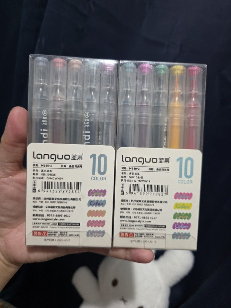 Languo 10 Color Highlighter Pens Set (Category: Stationery & School Supplies) located in Mandaluyong City. Submitted by kendykeyn (Listing ID 1471181345, Image 2). Description: Brand new 200.00 per pack Get both for 350.00 - Brand: Languo - Models: M640-2 and M640-3 (2 boxes total) - Colors: 10 different colors per box (20 shades in total) - Design: Double-ended with unique shades on each end - Condition: 100% factory sealed and unopened.
