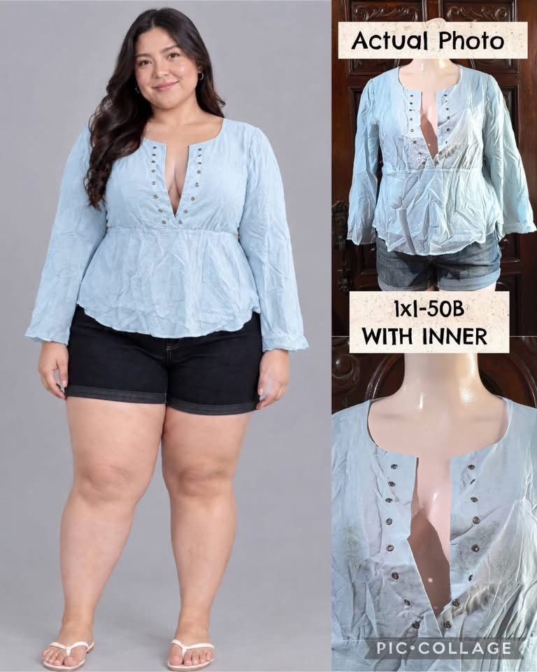 Light Blue Long Sleeve Blouse with Inner (Category: Longsleeves) located in Marikina City. Submitted by dapple (Listing ID 1471215804, Image 1). Description: - Color: Light blue - Size: 1XL (50B on tag) - Style: Long sleeve peplum blouse with front button details - Comfort: Includes an inner lining layer for extra comfort - Versatility: Great for everyday wear, easily paired with denim shorts or pants.
