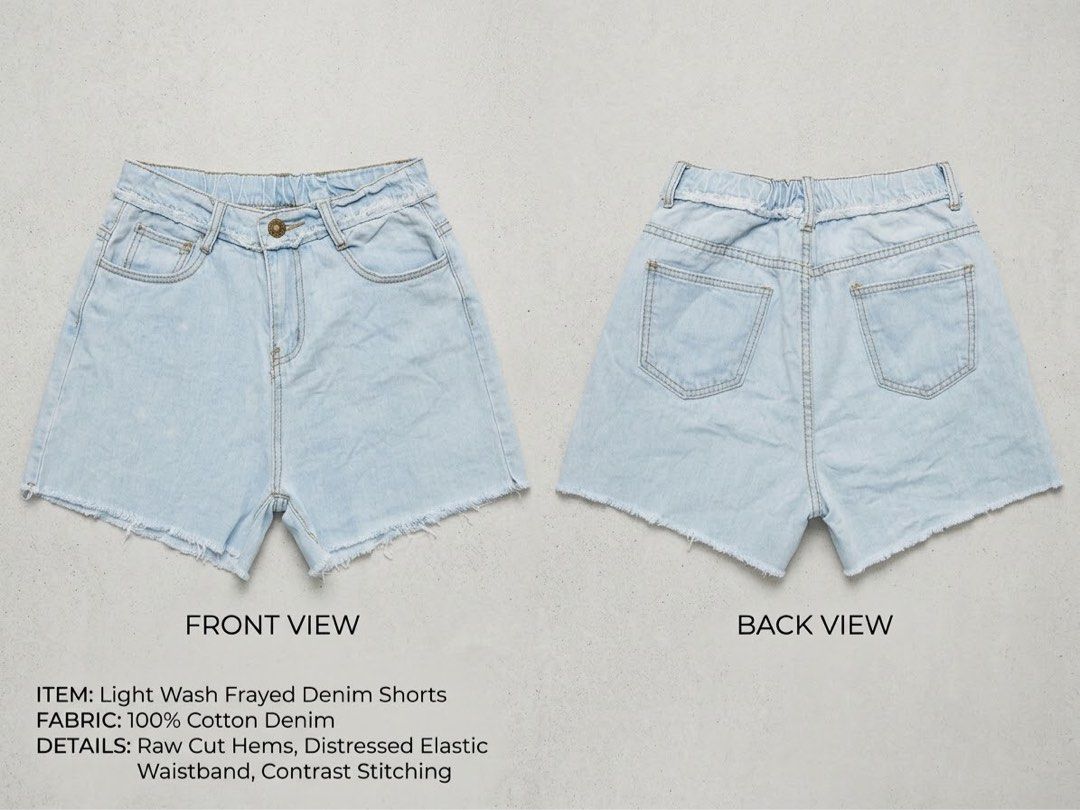 Light Wash Frayed Denim Shorts (Category: Shorts) located in Mandaluyong City. Submitted by josa_xox0i8 (Listing ID 1471279026, Image 1). Description: Frayed Denim Shorts, designed to balance comfort with edge. Crafted from durable 100% cotton denim, they feature a relaxed fit with a raw-cut hem and a distinctive distressed elastic waistband for a perfect, easy fit. Contrast stitching adds visual interest to this classic summer staple. Pair with 