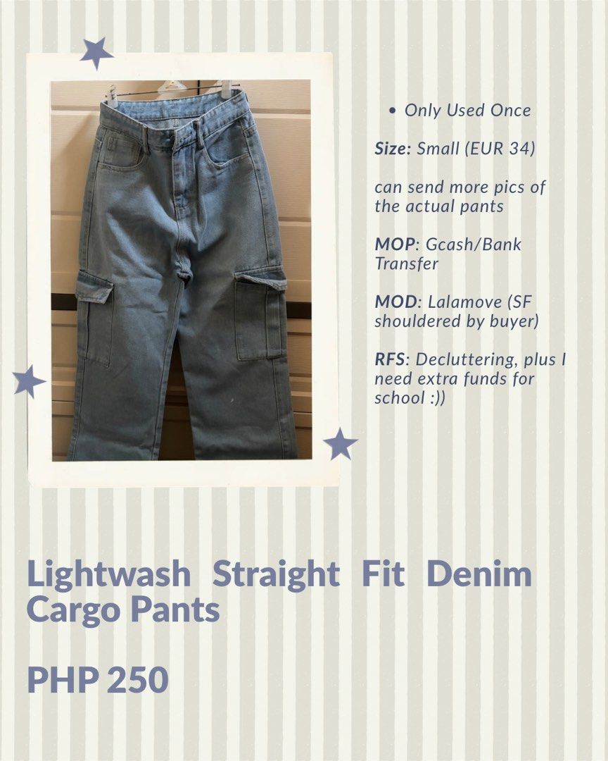 Lightwash Straight Fit Denim Cargo Pants (Category: Jeans) located in Pasig City. Submitted by erykhavvv (Listing ID 1471199582, Image 1). Description: Only Used Once Size: Small (EUR 34) can send more pics of the actual pants MOP: Gcash/Bank Transfer MOD: Lalamove (SF shouldered by buyer) RFS: Decluttering, plus I need extra funds for school :)) .