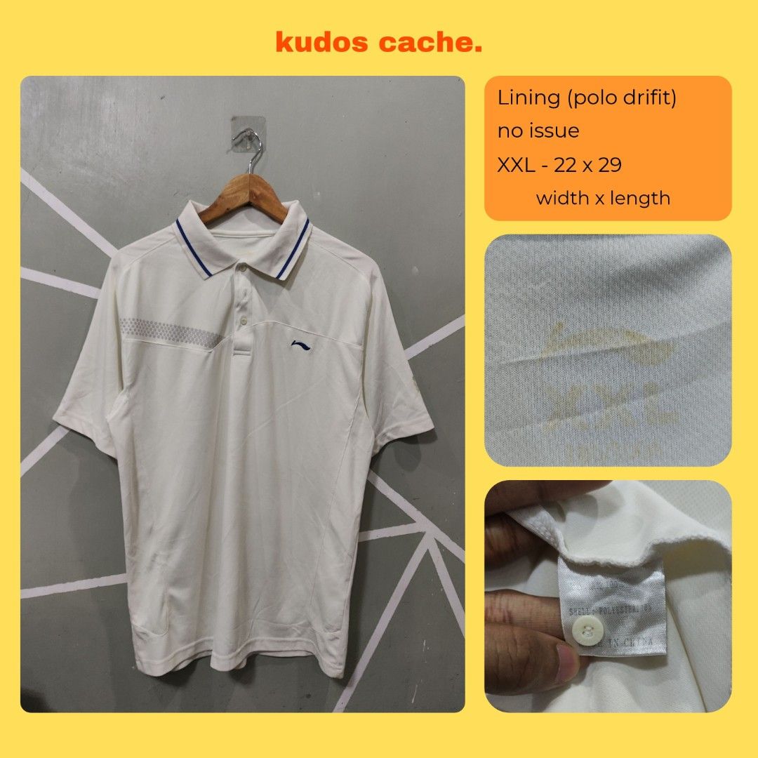 Lining Drifit Polo Shirt (Category: Tshirts & Polo Shirts ) located in Rosales. Submitted by kudoscache (Listing ID 1471180952, Image 1). Description: - Brand: Lining - Width: 22 | Length: 29 - Color: White - slightly nego payment: maribank / gotyme courier: J&T.