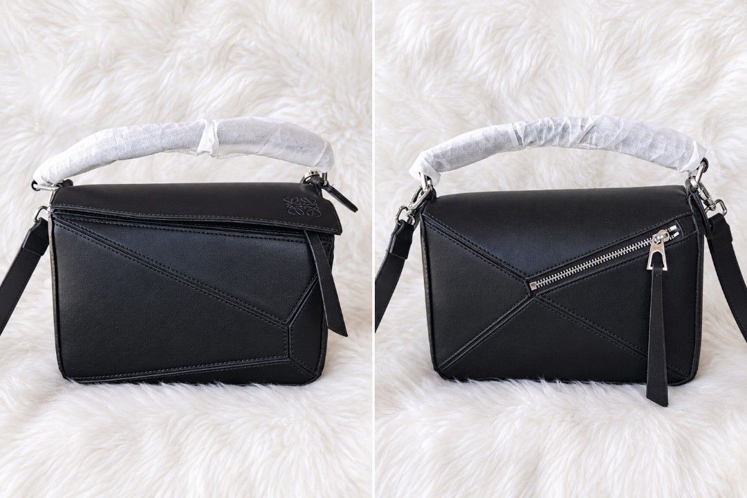 LOEWE Geometric Crossbody Handbag Black (Category: Luxury Bags & Wallets) located in Manila. Submitted by jujutwo (Listing ID 1471087848, Image 1). Description: - Style: Geometric puzzle bag (Loewe style) - Color/Material: Clean black leather - Hardware: Silver-tone zippers with logo debossed on top flap - Versatility: Wear as a crossbody or carry by hand - Condition/Inclusions: Top handle still has protective wrapping attached, includes adjustab