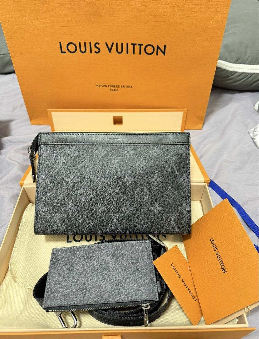 Louis Vuitton Gaston (Category: Luxury Bags & Wallets) located in Manila. Submitted by gabdee08 (Listing ID 1471207870, Image 2). Description: - Brand: Louis Vuitton - Model: Gaston - Material/Color: Monogram Eclipse canvas (Dark grey and black) - Features: Multiple pouches, adjustable strap, clean hardware, and structured shape - Origin: Made in Italy stamp visible near top edge - Inclusions: Original presentation box, dust bag, gift bag, and ca