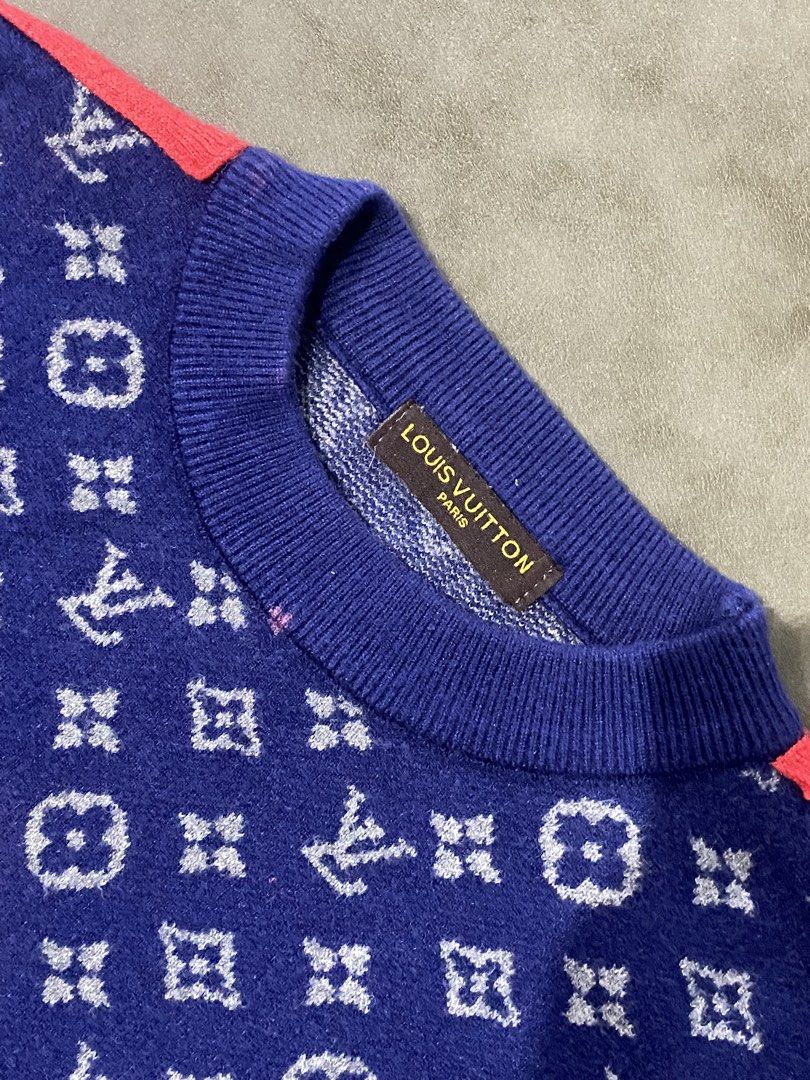 Louis Vuitton Monogram Knit Sweater Blue Red Size S (Category: Longsleeves) located in Rizal. Submitted by dripprojectph (Listing ID 1471223742, Image 2). Description: - Brand: Louis Vuitton - Item: Monogram Crewneck Sweater - Color: Blue with red shoulder accents - Size: Small - Details: Striped ribbed cuffs and zipper detail near bottom hem - Origin: LV Japan branding on care label - Condition: Excellent.
