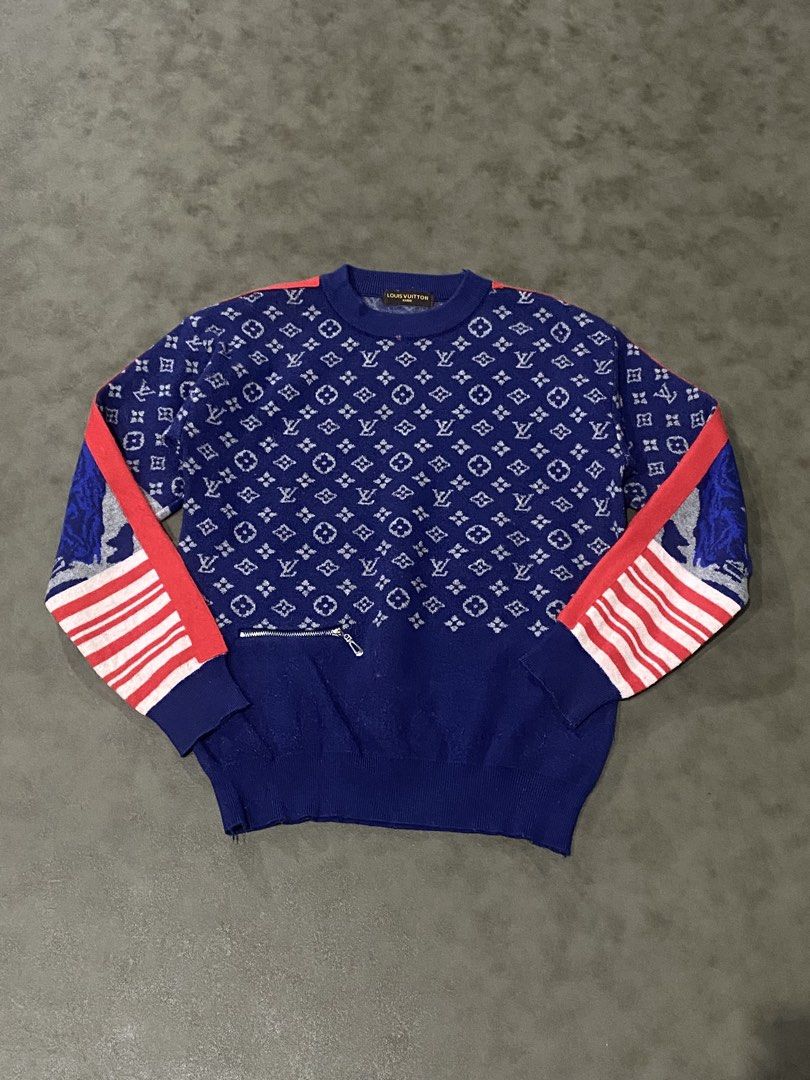 Louis Vuitton Monogram Knit Sweater Blue Red Size S (Category: Longsleeves) located in Rizal. Submitted by dripprojectph (Listing ID 1471223742, Image 1). Description: - Brand: Louis Vuitton - Item: Monogram Crewneck Sweater - Color: Blue with red shoulder accents - Size: Small - Details: Striped ribbed cuffs and zipper detail near bottom hem - Origin: LV Japan branding on care label - Condition: Excellent.