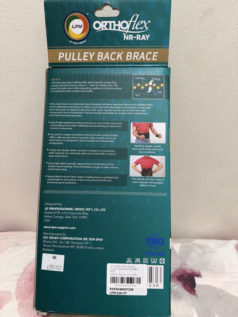 LPM Orthoflex NR-Ray Pulley Back Brace (Category: Braces, Support & Protection) located in Pasay City. Submitted by petiteprelovecloset (Listing ID 1471281556, Image 2). Description: - Authentic LPM Orthoflex NR-Ray pulley back brace, comes with original box - Pull-tab pulley system allows effortless compression adjustment - 5-in-1 support design with NR-ray fiber to improve blood circulation and relieve back pain - Low-profile, highly breathable