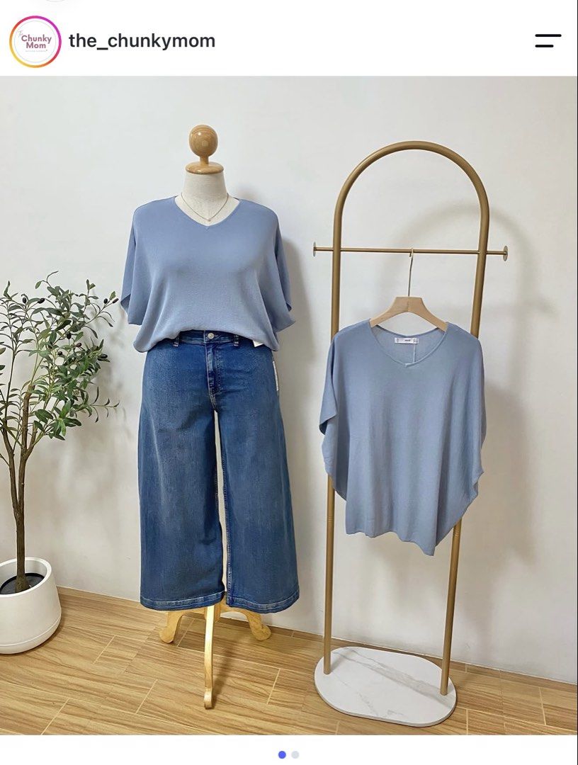 Mango Knited Top XXL (Category: Blouses) located in Mandaluyong City. Submitted by jennliao (Listing ID 1471292975, Image 1). Description: - Color: Light blue - Style: Casual V-neck knit top with relaxed batwing short sleeves - Fabric: Soft, comfortable draped material - Fit: Relaxed fit that comfortably fits plus sizes - Versatility: Easy to pair with jeans or skirts for everyday wear.