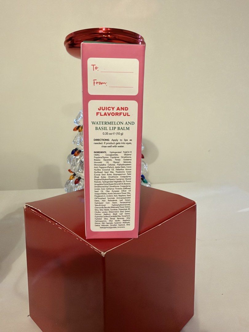 Mario Badescu Watermelon and Basil Lip Balm Set (Category: Makeup) located in Las Pinas. Submitted by trueflower_125fe9 (Listing ID 1471150103, Image 2). Description: - Authentic Mario Badescu Lip Balm Set - Includes 2 delicious flavors: Watermelon & Basil and Acai & Vanilla - Net weight: 0.35 oz / 10g each - Deeply hydrating formula suitable for all skin types - Comes in a cute gift box with To/From spaces on the side, ready for gifting.