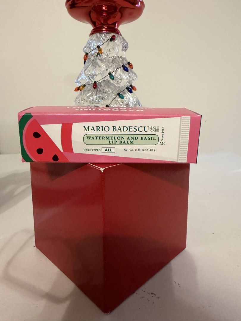 Mario Badescu Watermelon and Basil Lip Balm Set (Category: Makeup) located in Las Pinas. Submitted by trueflower_125fe9 (Listing ID 1471150103, Image 1). Description: - Authentic Mario Badescu Lip Balm Set - Includes 2 delicious flavors: Watermelon & Basil and Acai & Vanilla - Net weight: 0.35 oz / 10g each - Deeply hydrating formula suitable for all skin types - Comes in a cute gift box with To/From spaces on the side, ready for gifting.