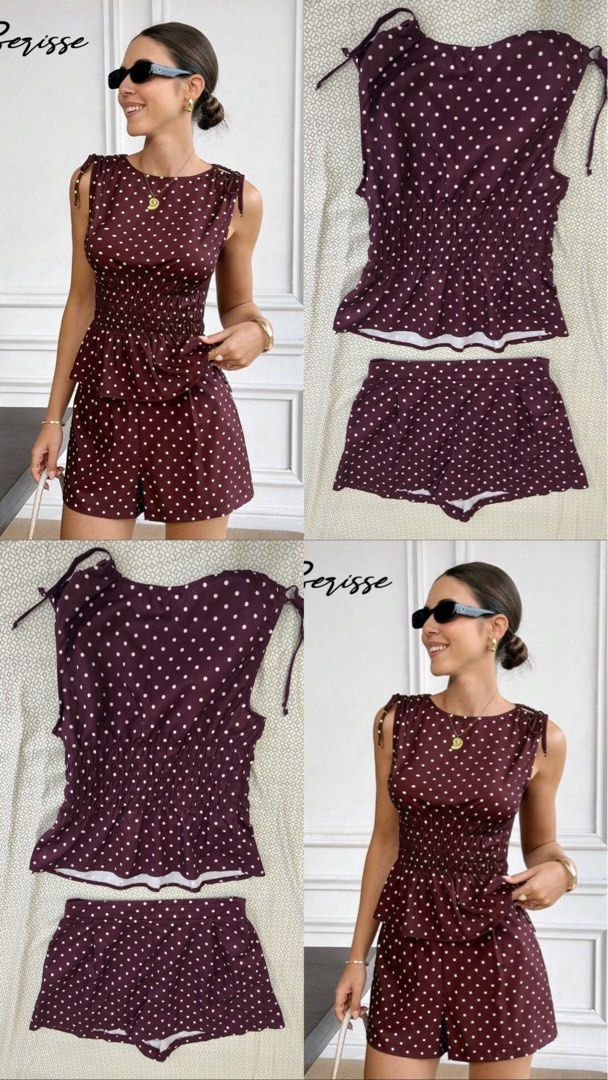 Maroon Polka Dot Top and Shorts Set (Category: Sets or Coordinates) located in Balayan. Submitted by nixsolomon (Listing ID 1471126420, Image 1). Description: Fits S-M No issue worn once for a travel.