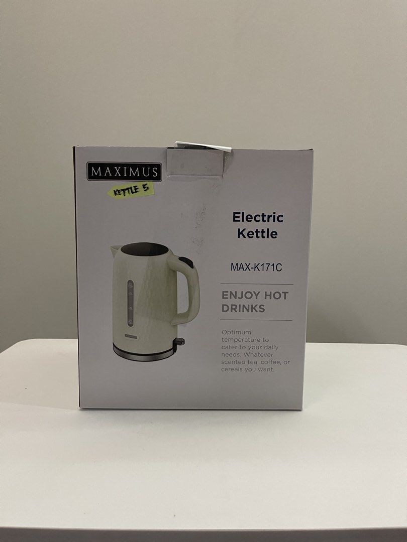 Maximus Electric Kettle MAX-K171C (Category: Kettles & Airpots) located in Quezon City. Submitted by bravehorse_f1f6d5 (Listing ID 1471206996, Image 1). Description: - Brand: Maximus - Model: MAX-K171C - Condition: Brand new, unopened, and sealed in original packaging - Color: Cream / off-white with black handle and base - Features: Handy water level window on the side - Perfect for: Quick boiling for coffee, tea, and hot water anytime.