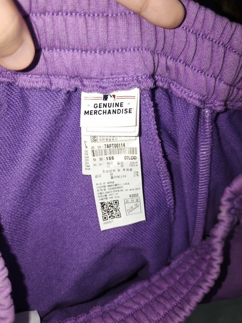 MLB LA Dodgers Jogger Sweatpants (Category: Joggers) located in Davao. Submitted by jjj_mncd (Listing ID 1471156639, Image 3). Description: color: Lavender overall condi: 9/10 hem/cuff condi: 8.5/10 may light fade may minor washable dirt size: Small to Medium length: 37 - Authentic MLB Los Angeles Dodgers purple sweatpants - Size: 155 with genuine merchandise tag attached - Features embroidered LA logo on the leg - Adjustable drawstring elastic w