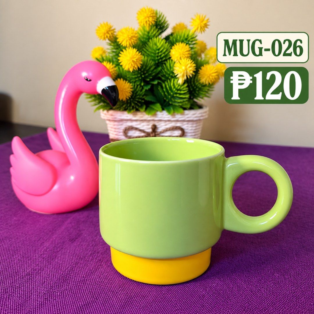 MUG-026 Green and Yellow Ceramic Mug (Category: Coffee & Tea Tableware) located in Manila. Submitted by zamarah08 (Listing ID 1471209495, Image 1). Description: - Vibrant bright green mug with a solid yellow base - Features a comfortable round handle and smooth ceramic finish - Product code: MUG-026 - Ideal size for your daily coffee or tea - Fun two-tone design to brighten your morning routine - Easy to clean.