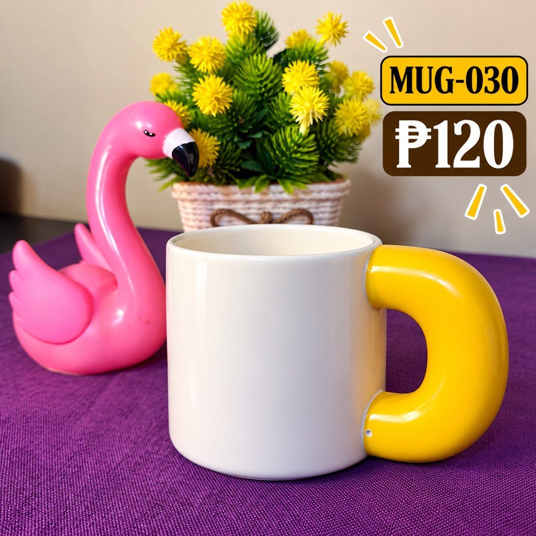 MUG-030 White Ceramic Mug with Thick Yellow Handle (Category: Coffee & Tea Tableware) located in Manila. Submitted by zamarah08 (Listing ID 1471209234, Image 1). Description: - Product Code: MUG-030 - Design: Modern minimalist white ceramic mug with a bold, chunky yellow handle - Finish: Smooth all around for a comfortable grip - Perfect For: Coffee, tea, hot chocolate, or as a cute desk accessory - Style: Adds a trendy pop of color to your works