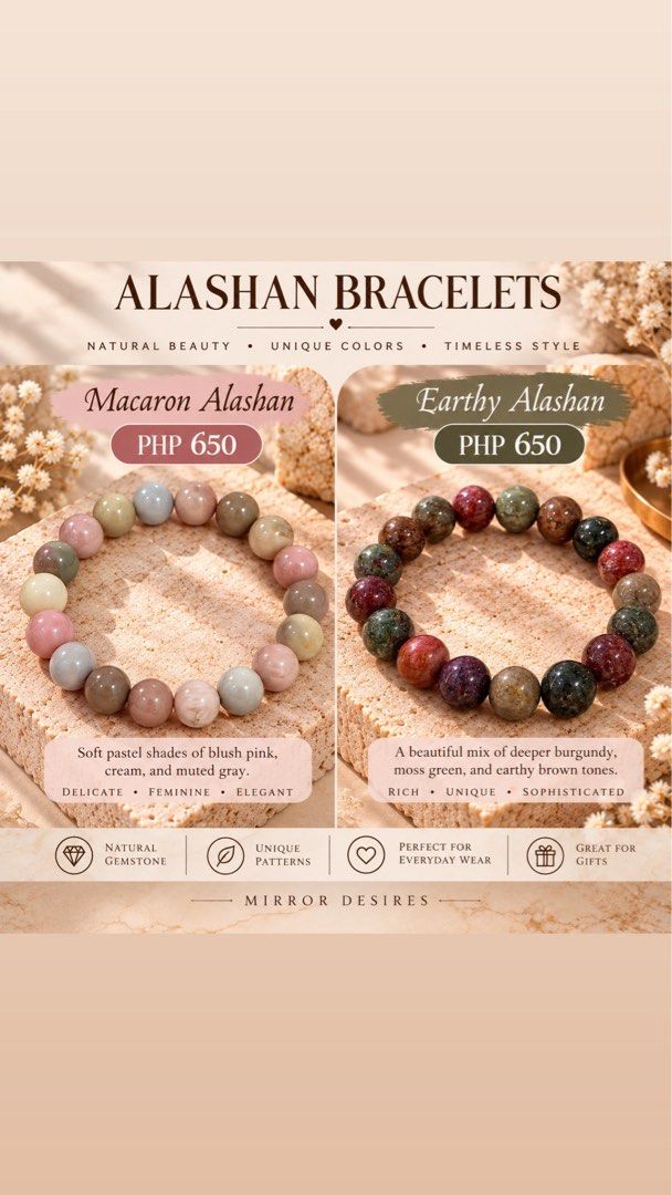Natural Alashan Agate Gemstone Bracelet (Category: Bracelets) located in Las Pinas. Submitted by fayeabell (Listing ID 1471158741, Image 1). Description: - Material: Genuine Alashan gemstone beads - Colors: Pastel shades of blush pink, cream, and muted gray - Design: Smooth polished beads on a durable stretchy cord - Style: Versatile, timeless piece great for stacking or wearing alone - Craftsmanship: Handcrafted crystal jewelry.