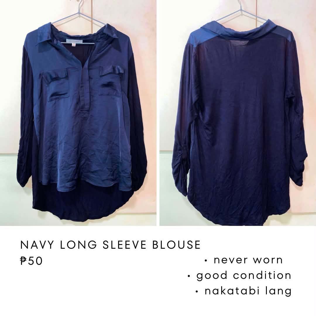 NAVY LONG SLEEVE BLOUSE (Category: Longsleeves) located in Tanza. Submitted by tokiato (Listing ID 1471175692, Image 1). Description: DECLUTTERING MY CLOTHES Can fit S-M-L mop: gcash & maya mod: j&t or buyer’s preferred courier • sf should be shouldered by the buyer • can do meet ups around tanza & naic cavite • mine basis, no cancellation • payment first before shipping • no return, no exchange .
