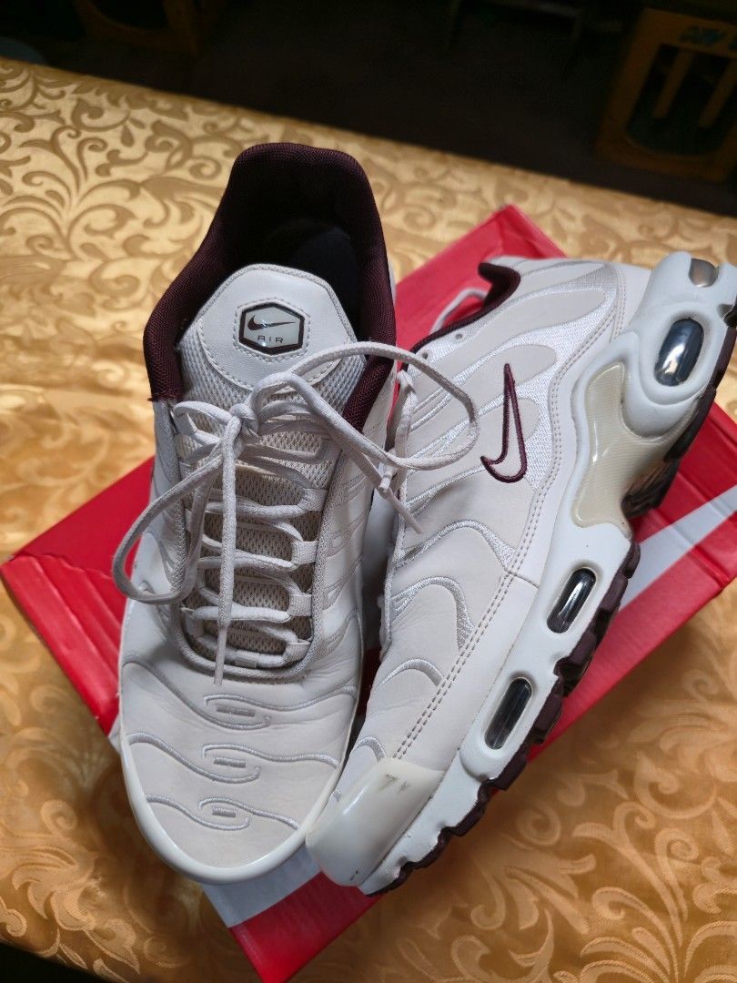 Nike Air Max Plus PRM Phantom (Category: Sneakers) located in Manila. Submitted by jamestio (Listing ID 1471241742, Image 1). Description: - Brand: Nike - Model: Air Max Plus PRM - Colorway: Phantom, Light Bone, and Dark Burgundy - Size: US 11 Men's - Features: Classic wavy cage overlays, visible Air cushioning, and dark burgundy lining - Condition: Clean pair, ready to wear - Inclusions: Original red Nike box included.