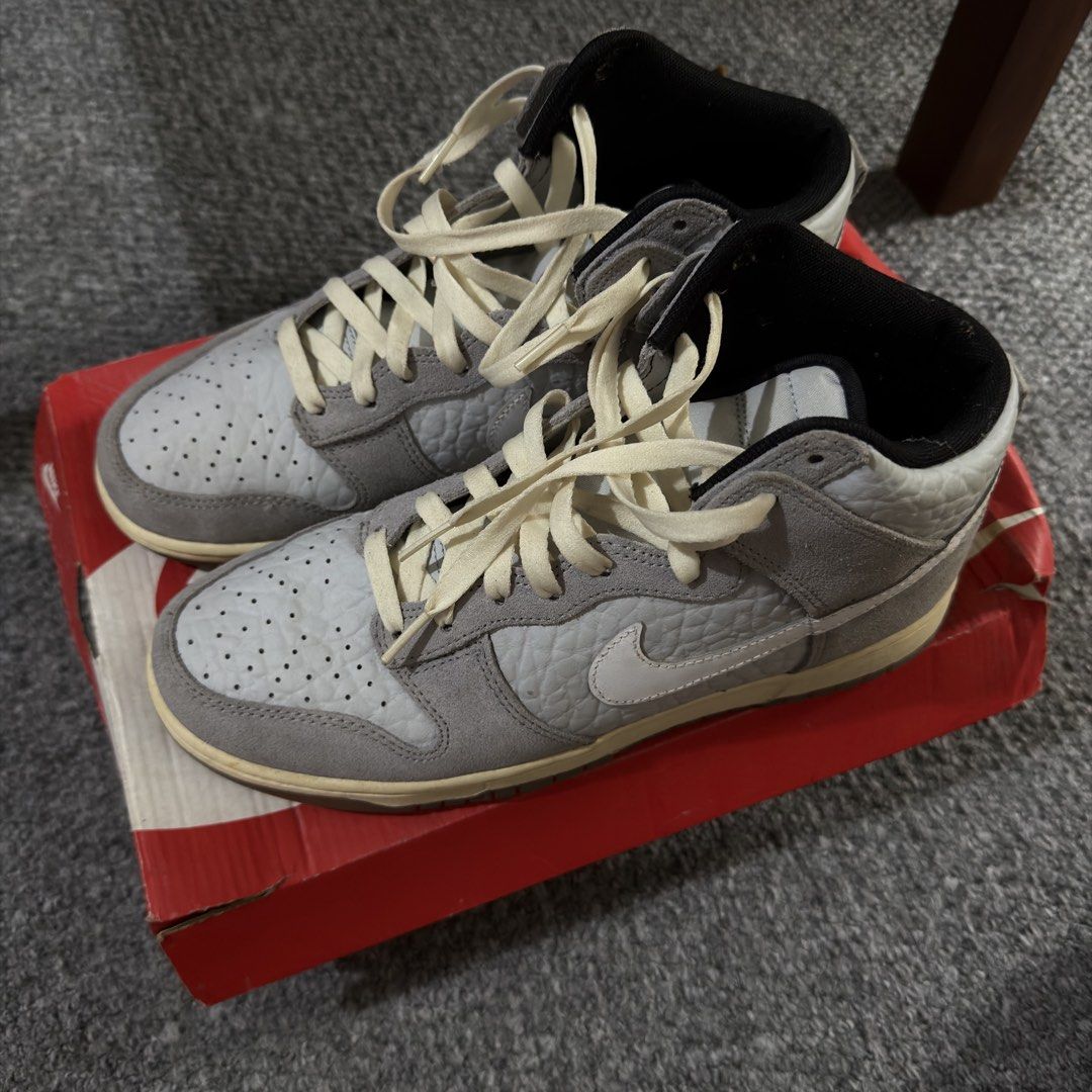 Nike Dunk Hi PRM Japan Exclusive (Category: Sneakers) located in Quezon City. Submitted by ejmuncal (Listing ID 1471127189, Image 1). Description: Selling my Nike Dunk High Premium in Wolf Grey / White / Pure Platinum. Features grey suede overlays, textured leather panels, cream laces, and translucent outsoles with graphics underneath. • Size: US Men’s 9 / Women’s 10.5 / UK 8 / EU 42.5 • Model code: DR8753-077 • Used twice or thrice only • Creasi