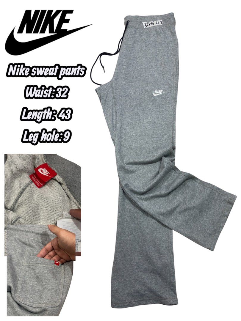 Nike Gray Sweatpants Joggers 32x43 (Category: Joggers) located in Cavite. Submitted by sidirvinp76902 (Listing ID 1471208136, Image 1). Description: - Color: Classic Grey with embroidered white Nike logo on the hip - Fit: Trendy wide-leg fit for maximum comfort and style - Waistband: Adjustable drawstring waist for a custom fit - Details: Features a back pocket accented with a small red Nike tag - Measurements: Waist 32 | Length 43 | Leg Hole 9 -