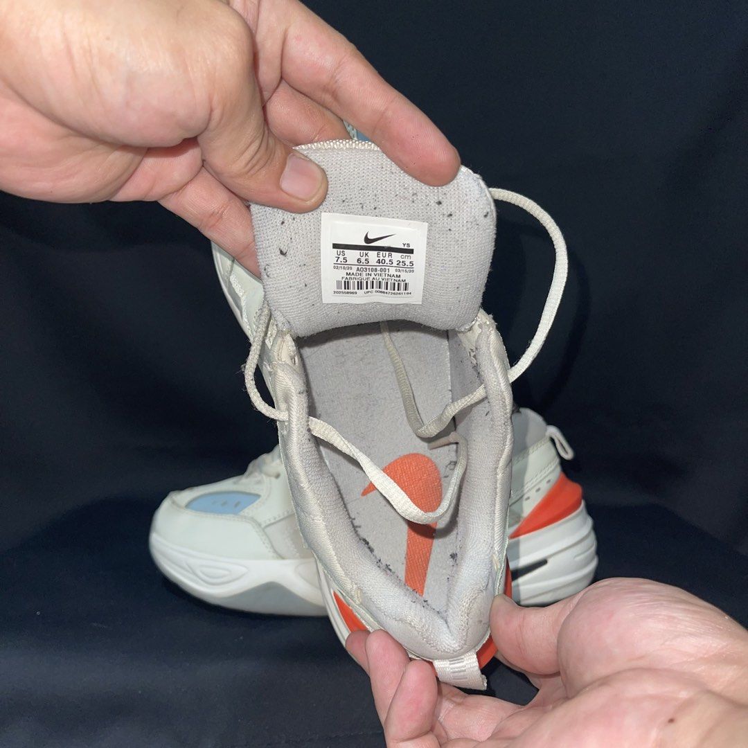 Nike M2K Tekno Phantom Size US 7.5 (Category: Sneakers) located in Bulacan. Submitted by ogieeee (Listing ID 1471258188, Image 2). Description: - Brand/Model: Nike M2K Tekno Phantom - Colorway: White, Grey, and Orange - Size: US 7.5 / EUR 40.5 / CM 25.5 - Style: Chunky dad shoe with comfortable cushioning - Ideal for daily casual wear.